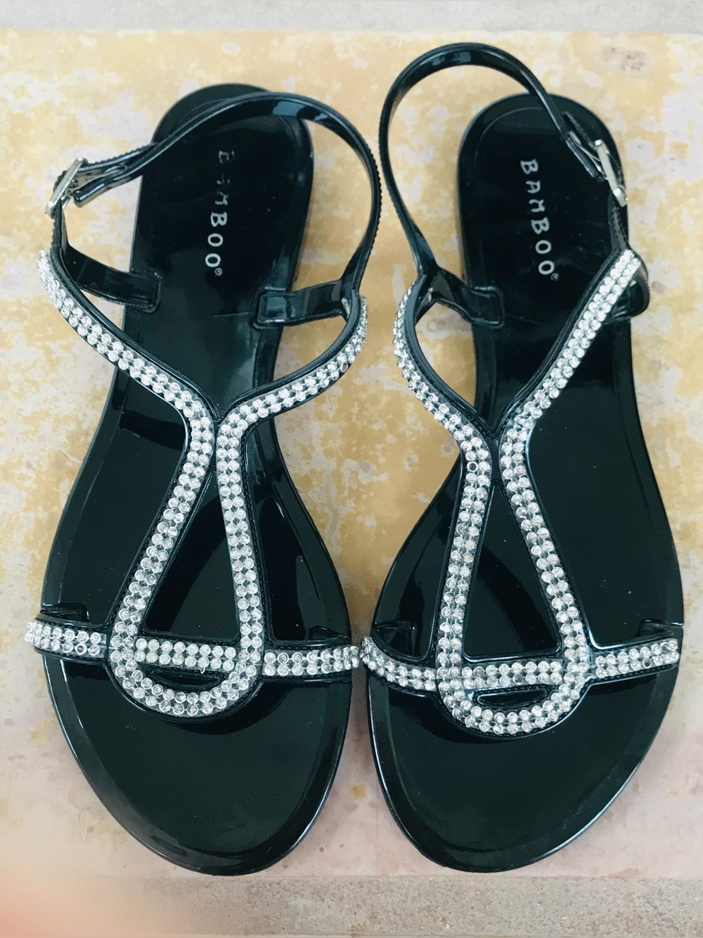 Bamboo Jeweled Open Toe Rhinestone Sandals, Black Sz 8, Beach, Boho, Y2K, Shiney